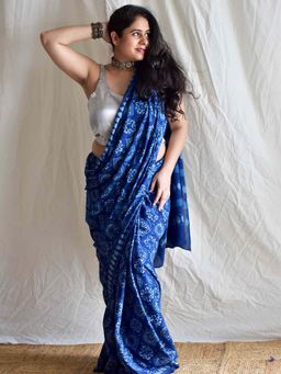 Sundarii - Badami - Ajrakh Cotton Blue Saree with Unstitched Blouse