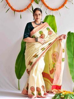 Sundarii - Kathakali - Printed Beige Saree with Unstitched Blouse