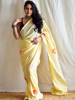 Sundarii - Parindey - Hand Painted Yellow Saree with Unstitched Blouse