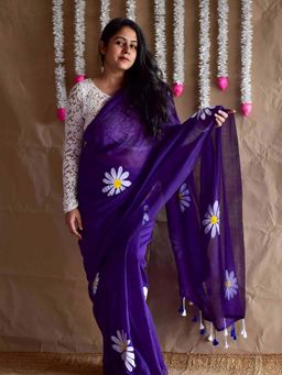 Sundarii - Gumaan - Cotton Hand Painted Purple Saree with Unstitched Blouse