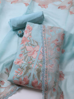 MEENA BAZAAR - Blue Embroidered Chanderi Unstitched Kurta with Bottom and Dupatta