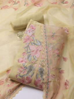 MEENA BAZAAR - Yellow Embroidered Chanderi Unstitched Kurta with Bottom and Dupatta