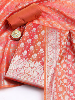 MEENA BAZAAR - Rust Woven Chanderi Unstitched Kurta with Bottom and Dupatta