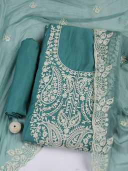 MEENA BAZAAR - Green Embroidered Cotton Unstitched Kurta with Bottom and Dupatta
