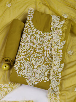 MEENA BAZAAR - Green Embroidered Cotton Unstitched Kurta with Bottom and Dupatta
