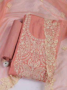 MEENA BAZAAR - Peach Embroidered Cotton Unstitched Kurta with Bottom and Dupatta