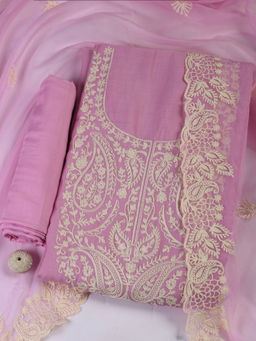 MEENA BAZAAR - Pink Embroidered Cotton Unstitched Kurta with Bottom and Dupatta