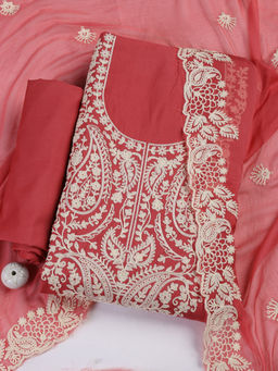 MEENA BAZAAR - Red Embroidered Cotton Unstitched Kurta with Bottom and Dupatta