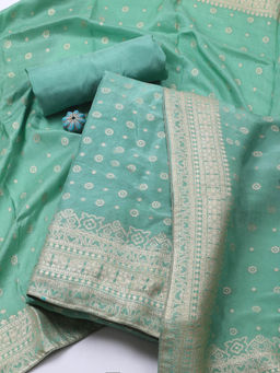 MEENA BAZAAR - Green Bandhani Woven Ahl Unstitched Kurta with Bottom and Dupatta