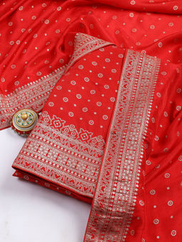 MEENA BAZAAR - Red Bandhani Woven Ahl Unstitched Kurta with Bottom and Dupatta