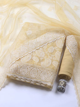 MEENA BAZAAR - Yellow Embroidered Organza Unstitched Kurta with Bottom and Dupatta