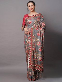 Odette - Grey Festive Dole Silk Printed Saree with Unstitched Blouse