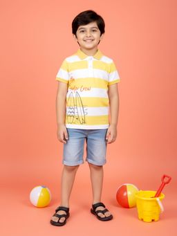 KiddoPanti - Yellow and White Printed Stripe Polo T-Shirt and Denim Rollup Shorts Set