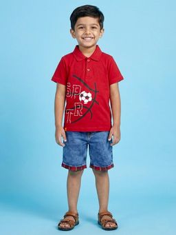 KiddoPanti - Red Graphic Print Polo T-Shirt with Checks Denim Rollup Shorts Set