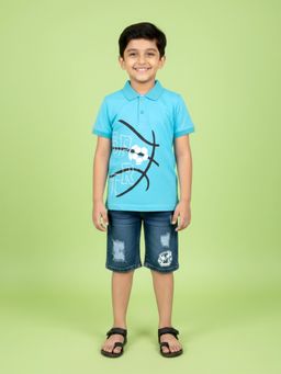 KiddoPanti - Blue Graphic Print Polo T-Shirt with Checks Denim Rollup Shorts Set
