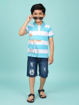 KiddoPanti - Blue and White Printed Stripe Polo T-Shirt and Denim Rollup Shorts Set