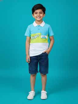 KiddoPanti - Colorblock Printed Polo T-Shirt with Denim Cargo Shorts
