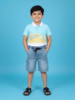 KiddoPanti - Colorblock Printed Polo T-Shirt with Denim Cargo Shorts