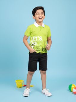 KiddoPanti - Green Graphic Printed Polo T-Shirt and Denim Woven Shorts Set