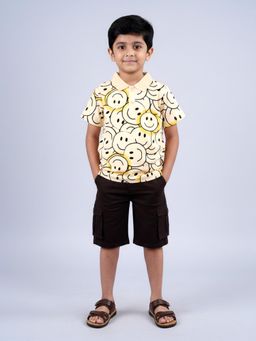 KiddoPanti - Cream Printed Polo T-Shirt and Twill Knee Length Cargo Short Set