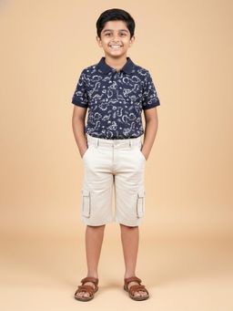 KiddoPanti - Navy Blue Printed Polo T-Shirt and Twill Knee Length Cargo Short Set