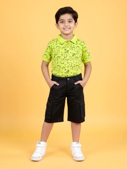 KiddoPanti - Green Printed Polo T-Shirt and Twill Knee Length Cargo Short Set