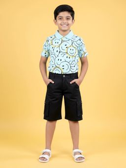 KiddoPanti - Blue Printed Polo T-Shirt and Twill Knee Length Cargo Short Set