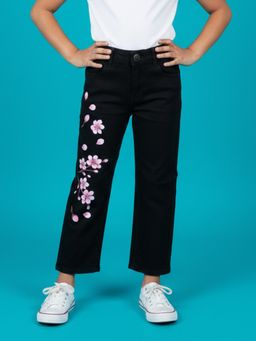 KiddoPanti - Black Straight Fit Jeans with Flower Prints and Rhinestones