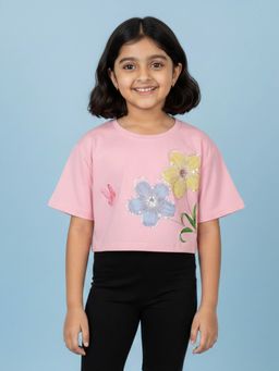 KiddoPanti - Pink Printed Drop Shoulder Half Sleeve Crop T-Shirt