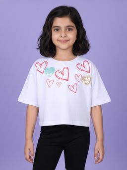 KiddoPanti - White Printed Drop Shoulder Half Sleeve Crop T-Shirt