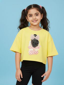 KiddoPanti - Yellow Printed Drop Shoulder Half Sleeve Crop T-Shirt