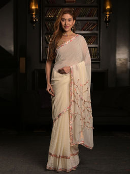 EXCLUSIVA - Off White Embroidered Saree with Unstitched Blouse