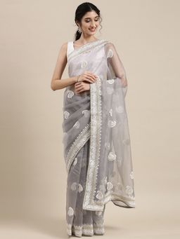 Vastranand - Grey Ethnic Motifs Embroidered Organza Saree with Unstitched Blouse
