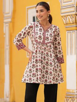Rain & Rainbow - Women White Floral Cotton Tunic