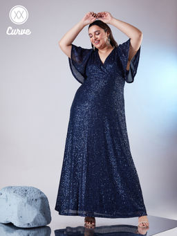 Twenty Dresses by Nykaa Fashion - Curve Navy Blue Sequin Overlap Sheath Maxi Dress
