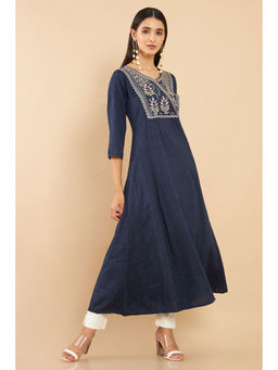 Soch - Navy Blue Rayon Embroidered Flared Fit Kurta