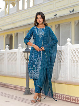 Juniper - Blue Printed Viscose Kurta with Pant and Dupatta (Set of 3)