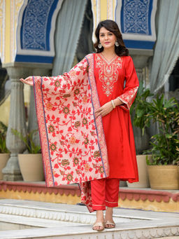 Juniper - Red Embroidered Kurta with Pant and Dupatta (Set of 3)