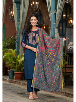 Juniper - Navy Blue Floral Embroidered Kurta with Pant and Dupatta (Set of 3)