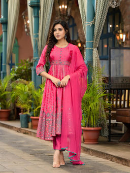 Juniper - Fuchsia Pink Printed Satin Flared Kurta with Pant and Dupatta (Set of 3)