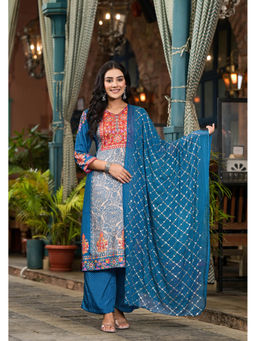 Juniper - Blue Printed Viscose Kurta with Palazzo and Dupatta (Set of 3)