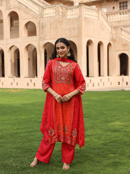 Juniper - Red Printed Viscose Kurta with Palazzo and Dupatta (Set of 3)