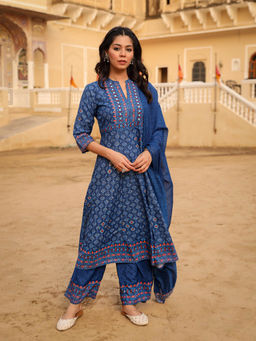 Juniper - Navy Blue Printed Cotton Kurta with Palazzo and Dupatta (Set of 3)