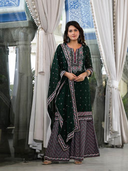Juniper - Green Floral Printed Kurti with Sharara and Dupatta (Set of 3)