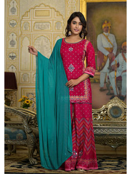Juniper - Fuchsia Pink Printed Rayon Kurti with Sharara and Dupatta (Set of 3)