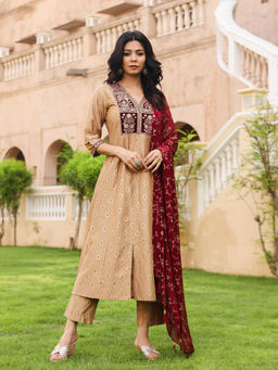 Juniper - Beige Ethnic Embroidered Cotton Kurta with Pant and Dupatta (Set of 3)