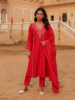 Juniper - Red Embroidered Viscose Kurta with Pant and Dupatta (Set of 3)