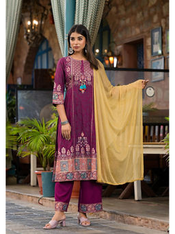 Juniper - Purple Embroidered Rayon Kurta with Palazzo and Dupatta (Set of 3)