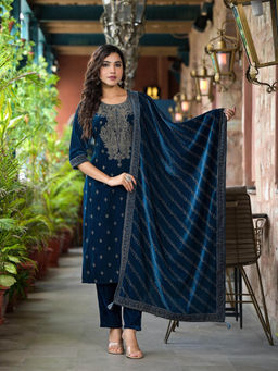 Juniper - Navy Blue Ethnic Motif Printed Velvet Kurta with Pant and Dupatta (Set of 3)