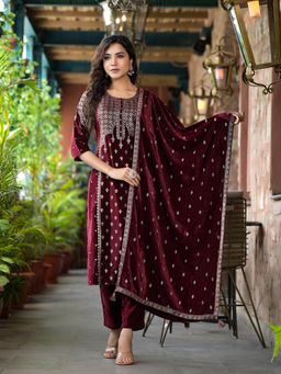 Juniper - Maroon Ethnic Motif Printed Velvet Kurta with Pant and Dupatta (Set of 3)